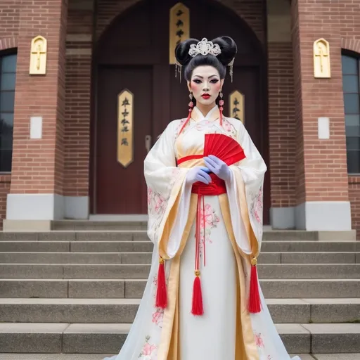 Prompt: A beautiful Chinese drag queen wears beautiful Hanfu, and long white silk gloves. She stands outside a modern Catholic church. Full body picture.