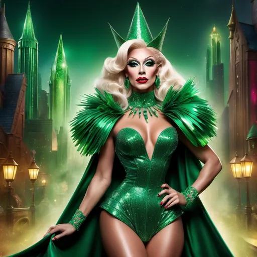 Prompt: If the Wizard of Oz was a gorgeous supermodel drag queen (full length photo) with long muscular legs and a very muscular physique