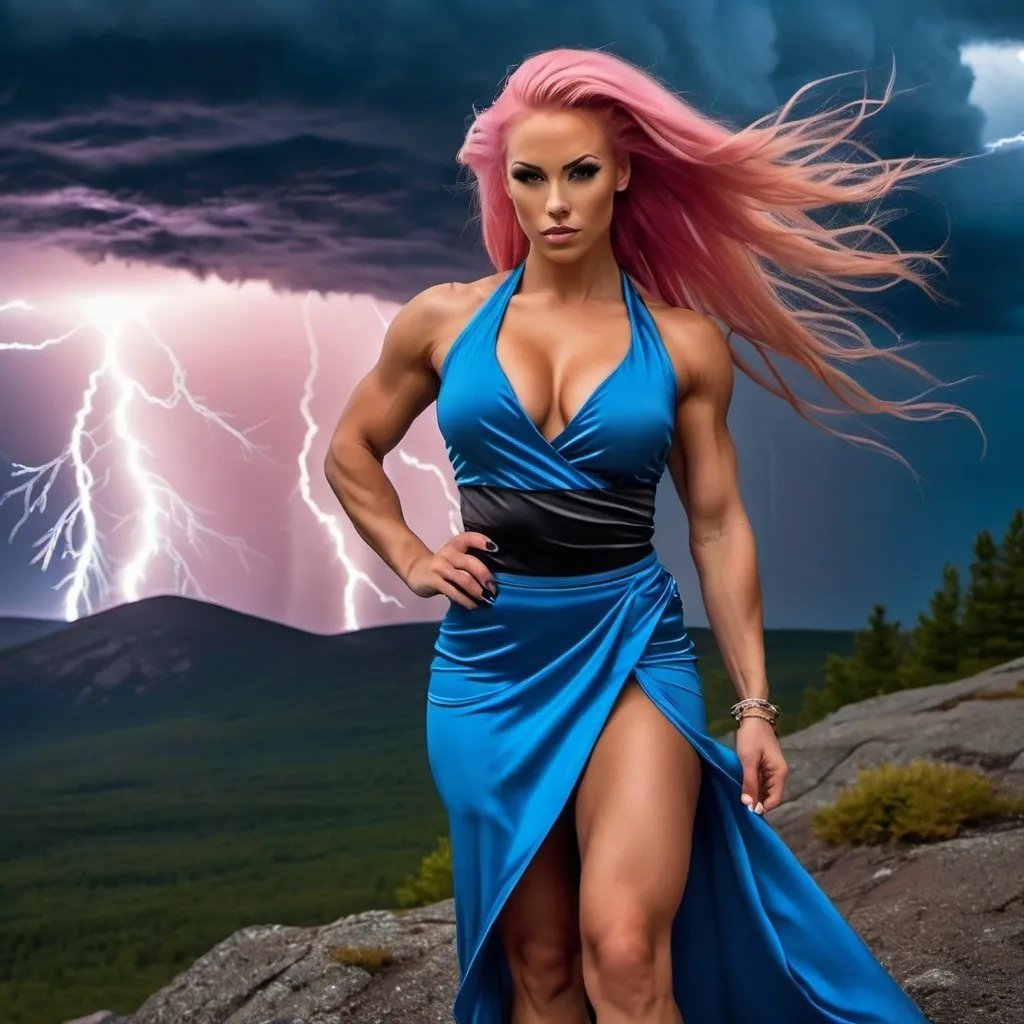 Prompt: A picture of a Gorgeous, ultra-muscular, 
Finnish 25-year-old goddess bodybuilder with huge busom and long stylish pink hair, wearing flowing skirt, a wrap around blouse, and 8 inch stiletto high heel shoes, alone on a mountain top during a lightning storm.