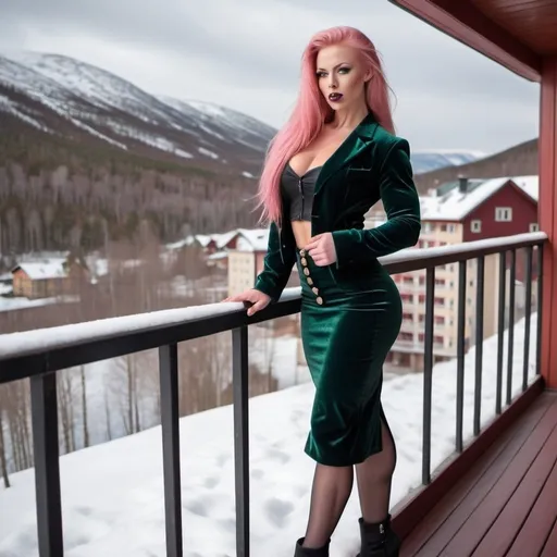 Prompt: Gorgeous busomy muscular 25-year-old Finnish goddess bodybuilder with ridiculously long straight shiny pink hair (blowing in the wind), dark eye shadow, dark red lipstick, wearing black velvet long (ankle high) tight skirt, green crushed velvet button up form fitting jacket, and 8 inch high heel shoes,  standing on the balcony of a hotel in the mountains of Sweden in winter. Composition focus on muscular physique. 