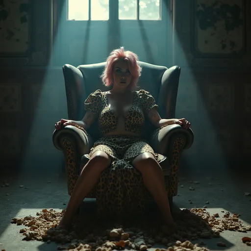 Prompt: create an image of a Drag queen sitting in an armchair in an abandoned library in a basement, with a leopard skin covering, in a realistic and vaporwave style, the light is filtered and you can see the dust in the air through the light coming in from an upper window.