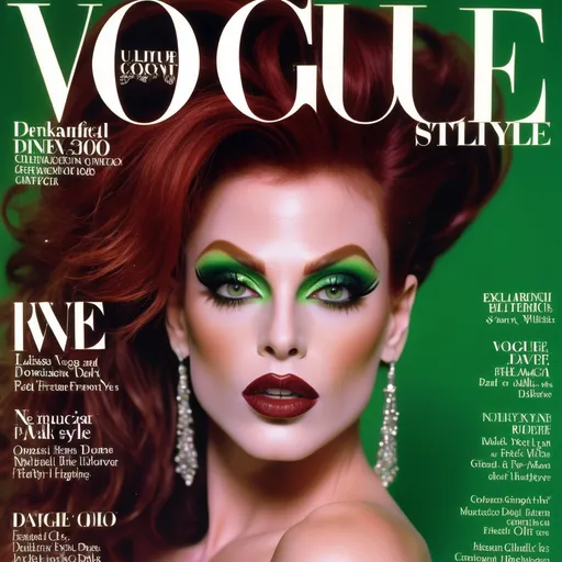 Prompt: (90s Vogue Magazine Cover), ethereal and whimsical, (vibrant color scheme), high-fashion editorial style, gorgeous muscular 35-year-old French drag queen model (masculine facial features) with sassy dark red hair, striking green eyes, dark smoky eyeshadow, enchanting expression, pretty lips, dark lipstick, luxurious glittery details, magical aesthetic, ultra-detailed, sparkly, glossy finish, captivating photography with dramatic lighting, alluring atmosphere, cosmopolitan elegance, celebrity fashion icon, stylish and trendy presentation.