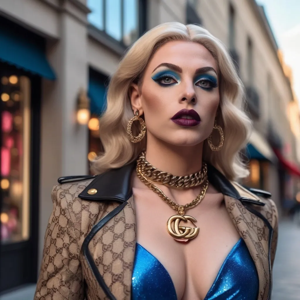 Prompt: A gorgeous muscular 25-year-old French drag queen Instagram influencer with medium busom, dark blonde hair, darkeyeshadow,  heavy mascara, and dark lipstick, blue eyes, photoshoot. in a outdoor fancy area. background Gucci store. 

photorealistic, (realistic skin texture)
high dynamic range.