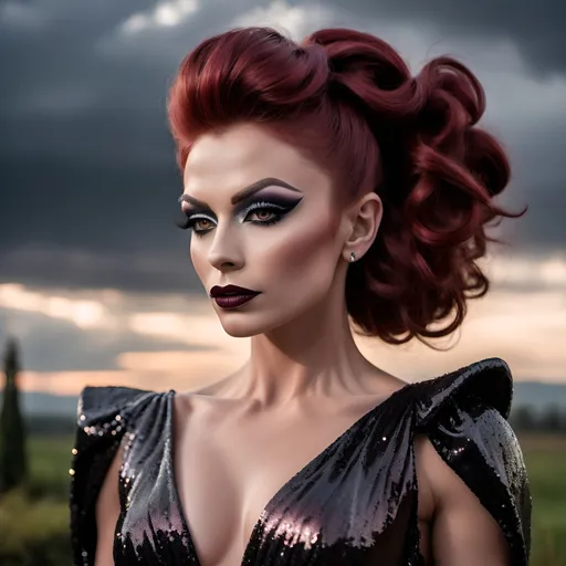 Prompt: Gorgeous muscular 25-year-old Czechian drag queen with long dark red flowing updo hair, dark eyeshadow and dark lipstick, long flowing sequined gown, romantic outdoor setting, dramatic sky, An ultra-realistic photograph captured with a Sony α7 III camera, equipped with an 85mm lens at F 1.2 aperture setting,  The image, shot in high resolution and a 16:9 aspect ratio, captures the subject’s natural beauty and personality with stunning realism –ar 16:9 –v 5.2 –style raw