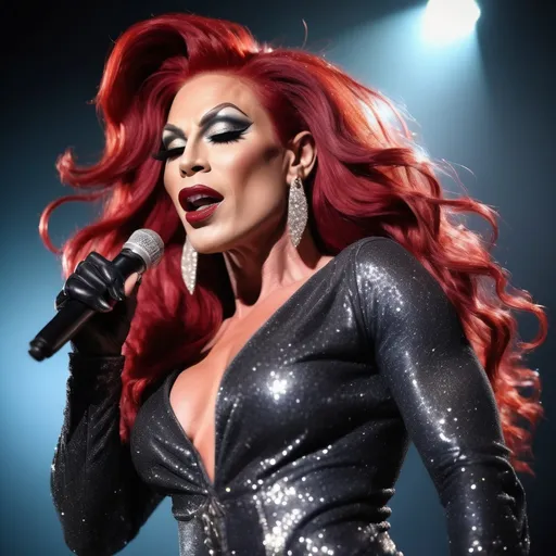 Prompt: Gorgeous muscular 35-year-old superstar drag queen (strong masculine jawline and brow features) with long flowing bright red hair, dark eyeshadow, and dark red lipstick. Glittery sparkly knee-high sliver high heel boots.  Singing at a big concert 