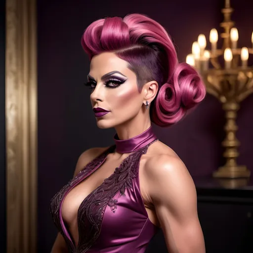 Prompt:  Gorgeous muscular 35-year-old Portuguese drag queen with dark pink updo hair, dark eyeshadow,  dark lipstick, wearing a (elegant dress), (stylish fabric), flowing design, intricate details, luxurious texture, vibrant colors, warm ambiance, (graceful draping), exquisite embellishments, soft lighting, enchanting atmosphere, rich patterns, HD, ultra-detailed, stunning visual composition, ideal for fashion showcase, inviting elegance