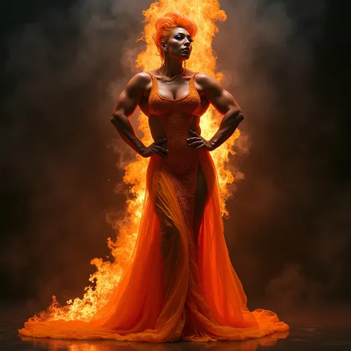 Prompt: Gorgeous muscular 35-year-old French drag queen bodybuilder made of smoke and fire. Wearing a gown made of lava.