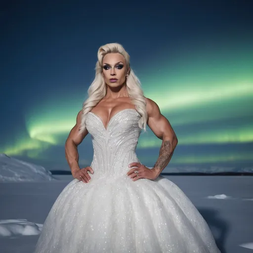 Prompt: (A 3/4 body image)A 25-year-old muscular, beautiful Nordic drag queen bodybuilder wearing A beautiful winter bridal gown designed for cold weather. Taking a bridal photoshoot in the snowy Arctic with the Northern Lights in the background.