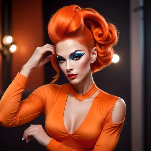 Prompt: (a strong and determined gorgeous drag queen (long updo dark orange hair, strong masculine jawline and brow)), ballet pose, focused expression, vibrant background, bright and uplifting colors, warm and optimistic atmosphere, stylish yet modest clothing (long muscular legs), representing hard work and perseverance, soft lighting enhancing emotions, conveying love, high-quality, ultra-detailed, heartwarming scene.