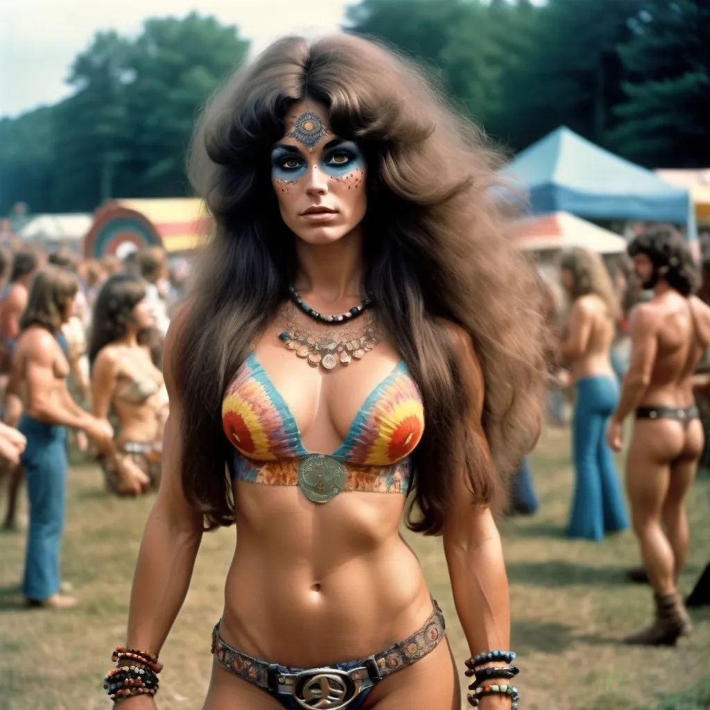 Prompt: Photorealistic retro 1968 news editorial photograph, Woodstock festival, award winning photography, journalism
Photo, peace and love, summer of love, psychedelic experience, dusk, full-body focus, gorgeous ultra-muscular Finnish hippie drag queen bodybuilder with gigantic busom and black long frizzy hair, boho woman with tube top and amazing style, bold color palette. Composition focus on full-body. Full-body muscular physique.