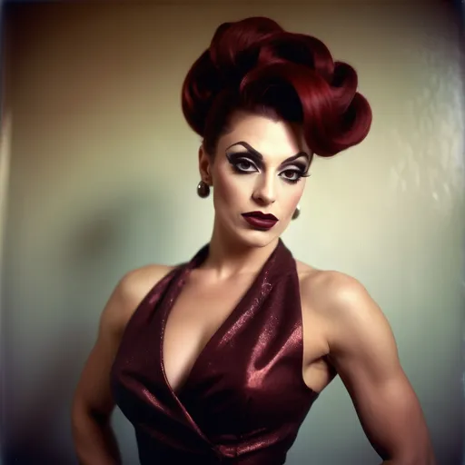 Prompt: photorealistic, (Holga photography), gorgeous ultra-muscular 25-year-old Italian drag queen businesswoman with long dark red updo hair, drak eyeshadow and dark red lipstick,  (haughty expression), (confident pose), full body, low-fidelity dreamy aesthetic, soft light flare, analog photography style, vintage charm, grainy texture, warm tones, stylish attire, evoking authority and elegance, reminiscent of classic business imagery, capturing a moment of confidence, (low quality), ideal for a striking portfolio or profile shot, perfect blend of retro and modern vibes.