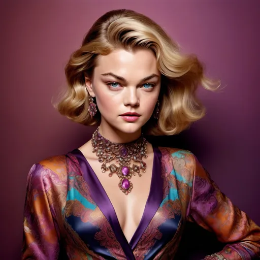 Prompt: (A young Leonardo Dicaprio dressed in drag wearing an Etro dress), fashion elegance, (stylish pose), intricate patterns, vibrant colors, (high fashion), soft focus, warm lighting with a glamorous touch, showcasing elegant accessories, luxurious fabric detail, upscale ambience, beautifully styled hair, (ultra-detailed), captivating expression, fashion-forward aesthetic, luxurious background elements.