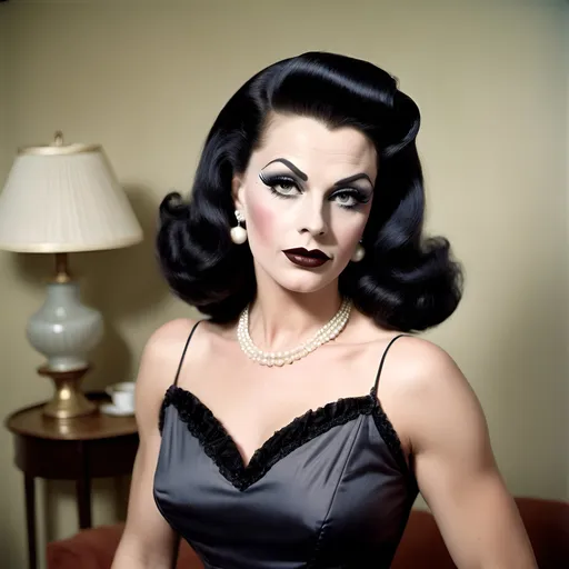 Prompt: A gorgeous muscular 30-year-old Czechian drag queen housewife (((dark eyeshadow and dark lipstick))) in the 1950s wearing a solid sweetheart swing dress. Posing in the living room.