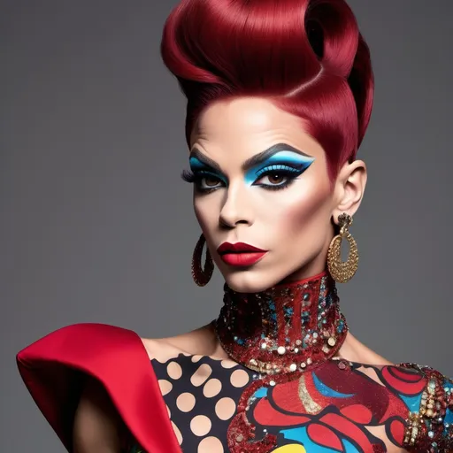 Prompt: Prince dressed up as a Gorgeous ultra-muscular 25-year-old Czechian drag queen bodybuilder with long dark red stylish updo wearing a (Moschino dress), high fashion design, colorful patterns, playful and vibrant, couture elegance, luxurious texture, striking silhouette, artistic flair, runway-inspired style, intricate details, eye-catching embellishments, bold color palette, fashionable ambiance, (ultra-detailed), high-quality craftsmanship, fashion illustration vibes, stylish ensemble, (vivid colors), aesthetically stunning.