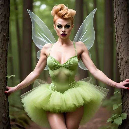 Prompt: Gorgeous 25-year-old (caucasian) muscular French drag queen ((strong masculine jawline and brow)) with fit figure, and long strawberry-blonde updo hair (((blowing in the wind))), dressed as Tinkerbell, sheer nylon stockings, and 8 inch stiletto high heel shoes, posing in the forest, pixie dust in the air..