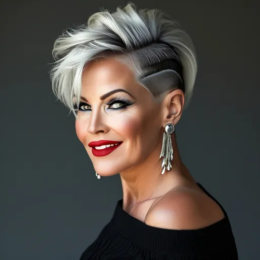 Prompt: side buzzed fade longer updo top cut with a silver and black trendy moehawk, hair cut sample, fashion magazine, high focus on trendy hairstyle, gorgeous 50-year-old Finnish drag queen bodybuilder model with thick eyeshadow and dark red lipstick, flirty, confident smile --ar 9:16 --v 6.0