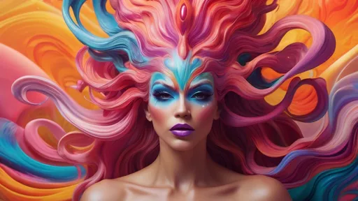 Prompt: (mesmerizing dreamscape), gorgeous muscular drag queen, vibrant, (streaming vibrant colors), surreal morphing shapes, fluid movements, seamless transitions, state of the art visuals, imaginative landscapes, enchanting atmosphere, captivating transformations, high depth, high resolution, ultra-detailed, abstract design, mesmerizing fluidity, otherworldly beauty.