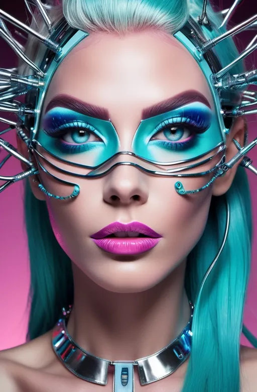 Prompt: a gorgeous masculine 25-year-old drag queen's face is futuristically transformed into a chrome-plated structure covered in wires. The left blue eye is shown in photo-realistic detail. the right eye futuristic. It is surrounded by turquoise and pink detailed small shapes against an abstract background that depicts dark tones as dripping paint p