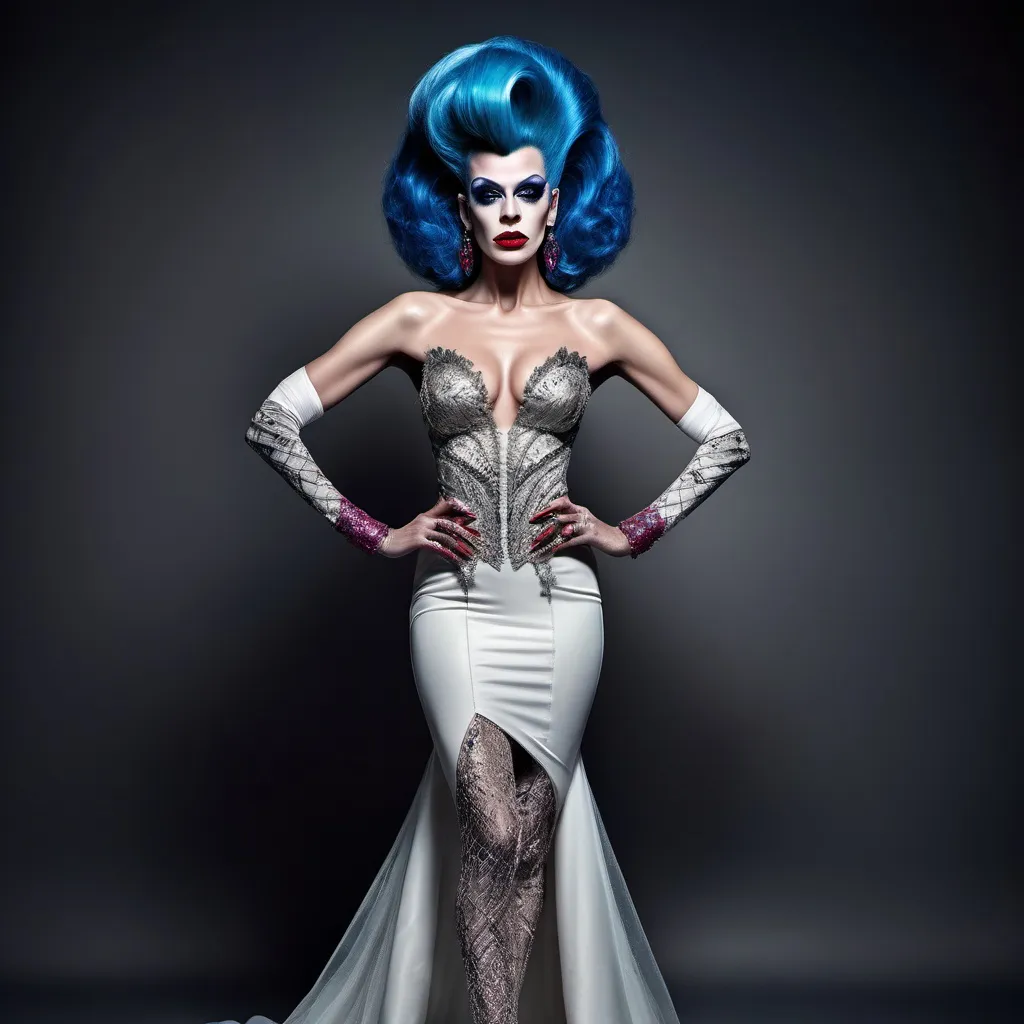 Prompt: If the bride of Frankenstein was a gorgeous supermodel drag queen (full length photo) with long muscular legs