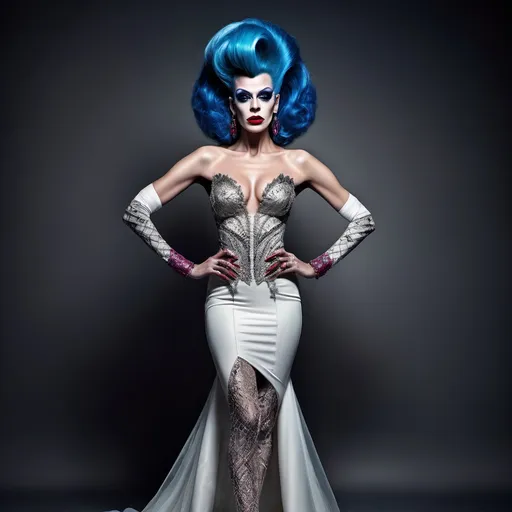 Prompt: If the bride of Frankenstein was a gorgeous supermodel drag queen (full length photo) with long muscular legs