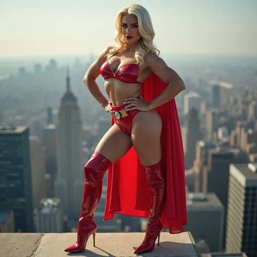 Prompt: Gorgeous muscular 25-year-old Greek drag queen bodybuilder dressed as supergirl with 8 inch stiletto high heel boots. Posing on the ledge of a skyscraper.
