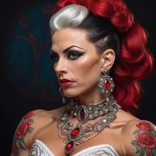 Prompt: Create a digital photograph of a gorgeous muscular 35-year-old Danish drag queen bodybuilder, hair pinned up, white red black dress, earrings, trending on artstation, sharp focus, studio photo, intricate details, highly detailed, by  Josephine Wall and Jasmine Becket-Griffith
