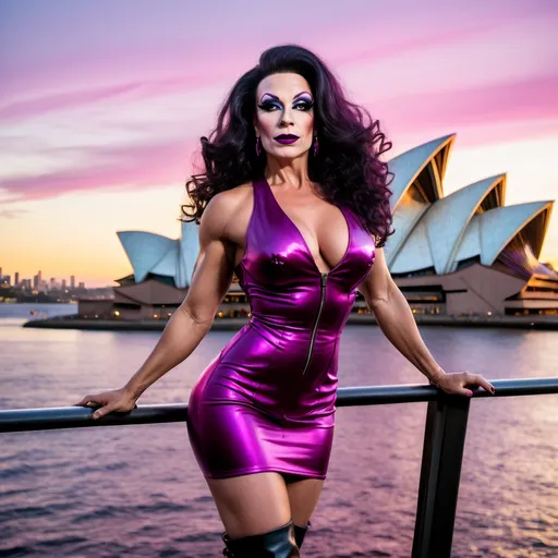 Prompt: A gorgeous muscular 35-year-old French drag queen bodybuilder with large busom, dark eye makeup, dark lipstick, a long curly bright dark hair, wearing a loose magenta short A-line dres, and 6 inch stiletto high heel knee-high boots, Sydney Opera House at sundown in the background. 