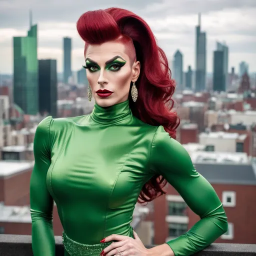 Prompt: A handsome man is dressed up as a Gorgeous muscular 25-year-old Belgian drag queen (strong masculine jawline and brow) with very long dark red tight updo hair in a green outfit and 8 inch stiletto high heel shoes, with a cityscape background, Erlund Hudson, transgressive art, promotional image, a character portrait