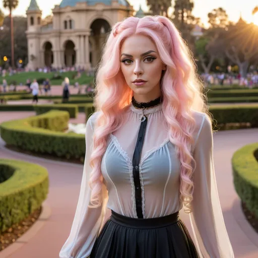 Prompt: Gorgeous muscular 25-year-old Czechian transwoman with long curly pink hair, walking at sunset in San Diego Balboa Park wearing a sheer see through blouse with a long sheer skirt and high heel boots, hair up in a bun, with a choker necklace on, looking to side solemn expression, naughty Victorian style