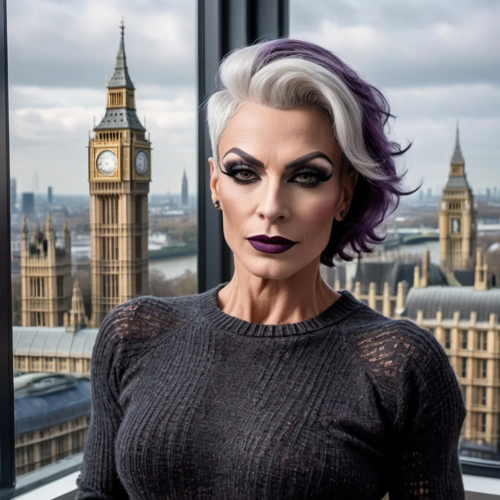 Prompt: Gorgeous muscular 45-year-old French drag queen with strong masculine jawline,  short swept over graying hair, dark eyeshadow, and dark lipstick, in the CAD office wearing a chenille knitted sweater, next to the window with London city and Big Ben view