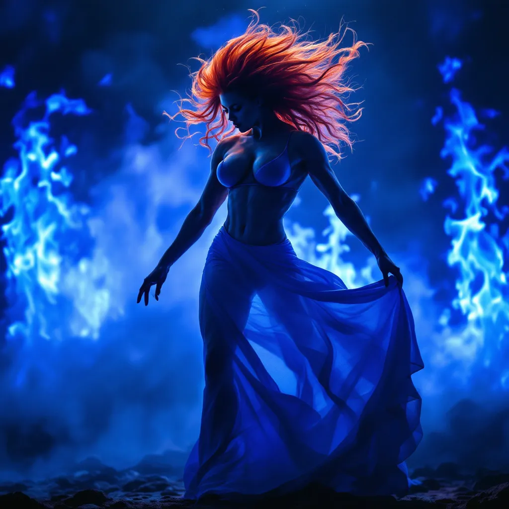 Prompt: Gorgeous muscular 25-year-old Swedish drag queen bodybuilder dancing on blue flame, silhouette, lava, long flowing blue flame gown, huge busom, long wavy fiery hair, long muscular legs, very muscular dancing drag queen, mystical background, 