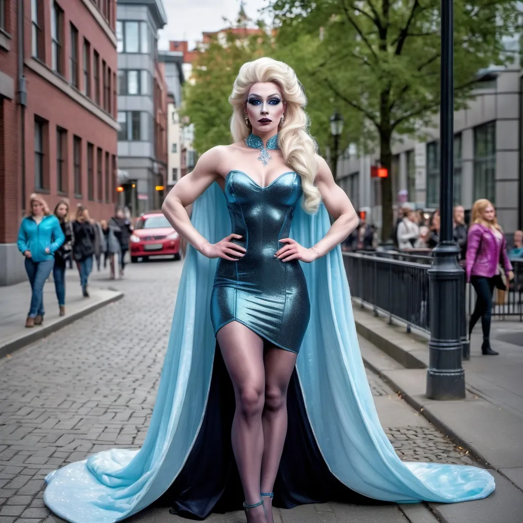 Prompt: Full body shot of a gorgeous muscular 25-year-old Finnish drag queen dressed as Elsa wearing dark eyeshadow and dark lipstick, in the city AI defined exquisitely beautiful, totally ultra realistic young adult drag queen, gorgeously detailed, well endowed, perfect body proportions, pale, ultra glamorous, perfect shading, impeccable contrast, HDR, UHD, high res, 64k