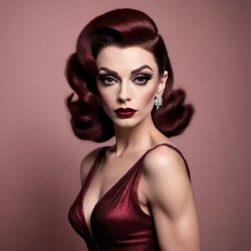 Prompt: photorealistic, (old Hollywood style), (sophisticated gorgeous ultra-muscular 25-year-old French drag queen goddess), elegant attire reminiscent of Audrey Hepburn, full length body, dark red hair styled in vintage glamour, dark smoky eyeshadow and dark red lipstick,  soft lighting capturing a nostalgic atmosphere, muted pastel colors, timeless beauty, luxurious and refined setting, classic film vibe, vintage glamour, HD, ultra-detailed,