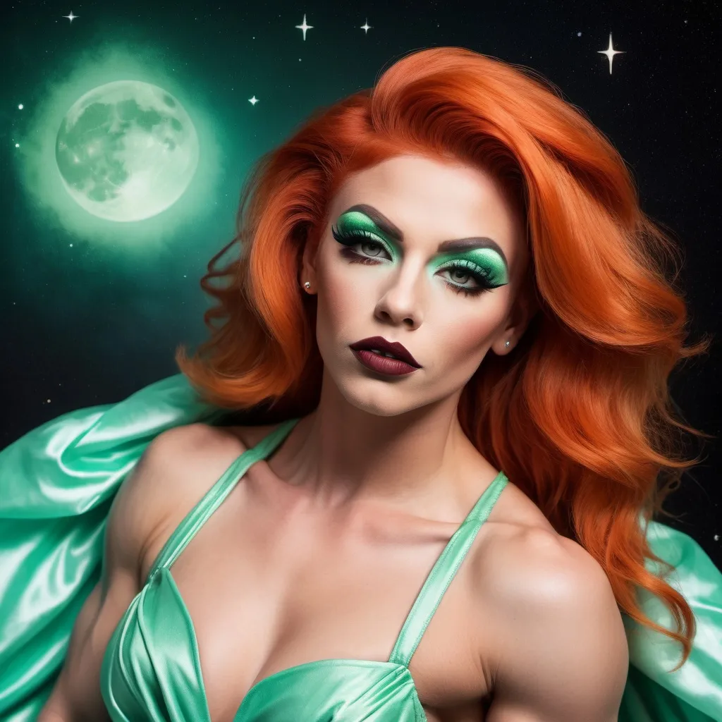 Prompt: Gorgeous ultra-muscular 25-year-old Czechian drag queen bodybuilder with short spiked swept Orange hair wearing a mint green flowy gown, dark eye shadow, heavy mascara, and dark red lipstick, staring at the stars in the sky and feeling content.