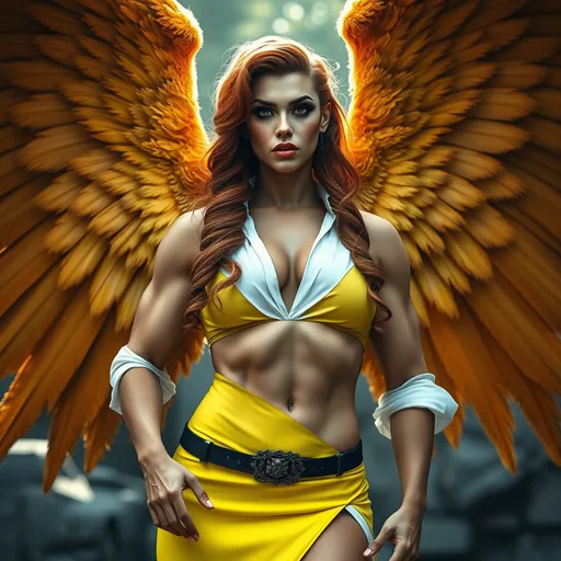 Prompt:  A gorgeous ultra-muscular 25-year-old Italian drag queen bodybuilder angel with enormous angel wings. She has long, dark orange, ringlet hair. She has black eye shadow, dark red lips. Several inches of her bare skin stomach is visible. She is wearing neon yellow lycra dress and white shirt and several inches of her bare skin stomach is visible. Lots of her skin is showing. Outside. Adventure. Medieval. Moody. Quest. Warrior. Fight. Beautiful lighting. Sunlight. Sunbeam. detailed matte painting, deep color, fantastical, intricate detail, splash screen, complementary colors, fantasy concept art, 8k resolution trending on Artstation Unreal Engine