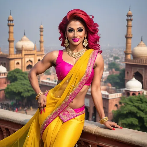 Prompt: Gorgeous ultra-muscular 25-year-old Pakistani drag queen bodybuilder with short dark red updo hairstyle wearing a Yellow saree with hot bose and 8 inch stiletto high heel shoes. Posing at The Walled City of Lahore.