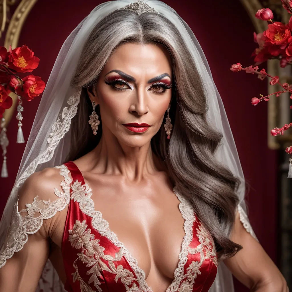 Prompt: A gorgeous muscular 45-year-old Bulgarian drag queen (strong masculine jawline and brow features) with long luscious graying hair wearing (breathtaking red oriental dress), (exquisite bride), radiant beauty, exquisite lace and satin details, flowing train adorned with delicate embroidery, beautiful soft natural lighting, romantic ambiance, lush blossom background, high-resolution, ultra-detailed, elegant and dreamy atmosphere, showcasing the perfect harmony of love and elegance, whimsical setting filled with soft pastel colors.