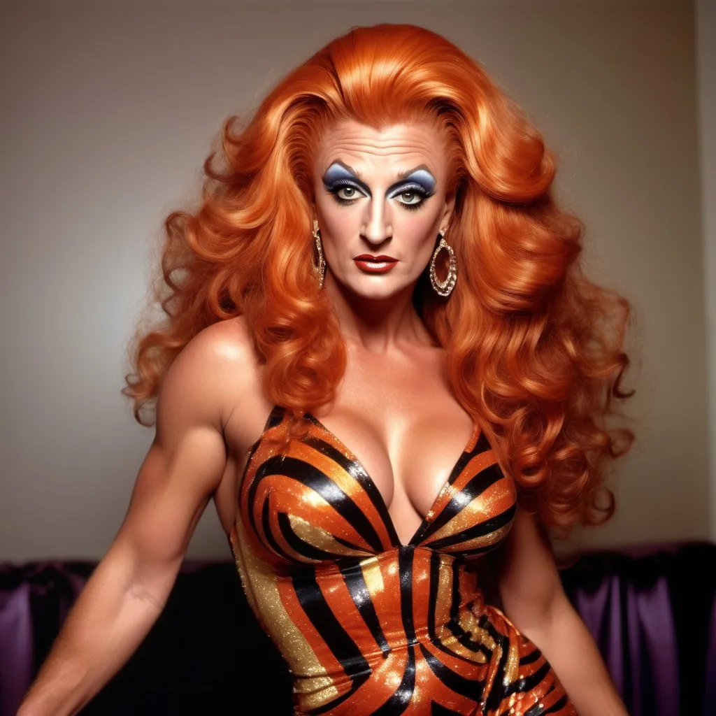 Prompt: Rodney Dangerfield dressed up as a Gorgeous ultra-muscular 25-year-old caucasian Icelandic drag queen bodybuilder with huge busom and ridiculously long flowing curly dark orange hair wearing a stunning tri-colored Versace dress and 8 inch stiletto high heel shoes posing in a posh nightclub.