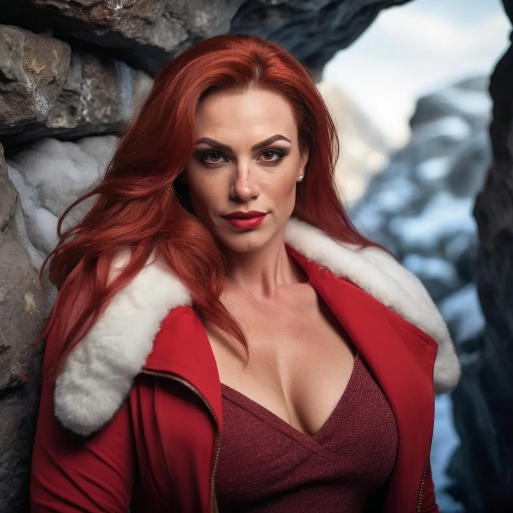 Prompt: professional portrait photograph of a gorgeous muscular 35-year-old French drag queen bodybuilder (strong masculine jawline and brow features) in red winter clothing, long natural red hair, most attractive face, (freckles), nice smile, cute stylish makeup, wearing elegant warm winter fashion clothing, ((standing out side a frozen cave), hyper- realistic, detailed features, realistic lighting, high quality, realistic view,, elegant, realistic setting, professional, detailed, glamorous, actress, iconic, stunning modern urban environment, ultra realistic, concept art, elegant, highly detailed, intricate, sharp focus, depth of field, f/1. 8, 85mm, medium shot, mid shot, (((professionally color graded))), bright soft diffused light, (volumetric fog), trending on instagram, hdr 4k, 8k