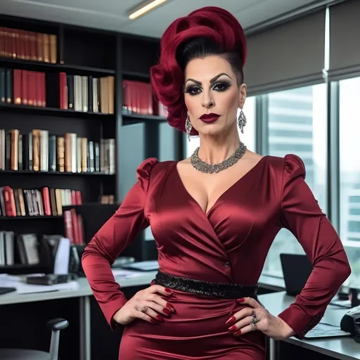 Prompt: A beautiful muscular 35-year-old Turkish drag queen with large busom, dark eyeshadow,  heavy mascara,  dark red lipstick,  and long dark red updo hair, wearing a conservative business dress, 8 inch stiletto high heel shoes. She stands in office. Full body.