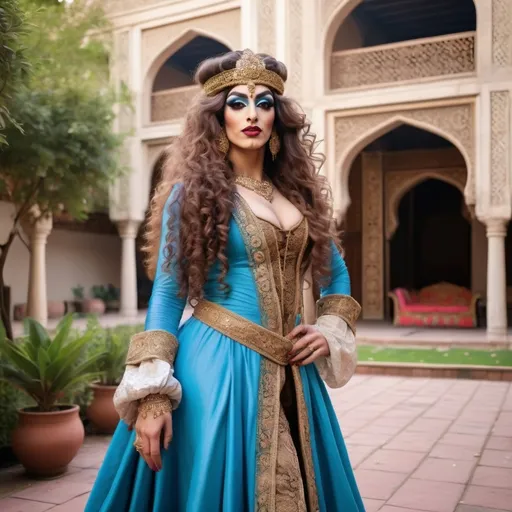 Prompt: A realistic photograph of A gorgeous  muscular  25-year-old  Arabic drag queen  dressed up as a 17 century Islamic Mughal court dancer Laila with long curly brown hair wearing dupatta in the courtyard garden  