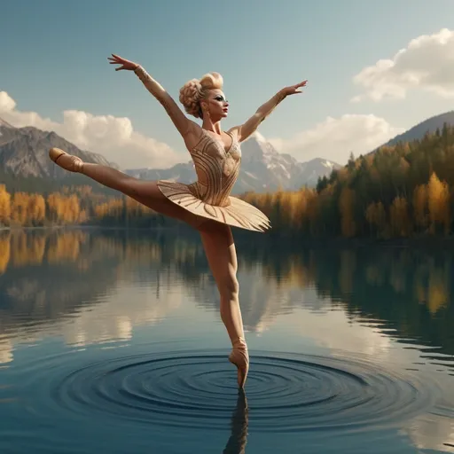 Prompt: A gorgeous Russian drag queen gymnast is leaping into the air with both legs fully extended and her arms outstretched to maintain balance on the surface of a beautiful lake, ultra-detailed, high quality, harmonious balance.  Classic warming style, soft and warm  lighting (highly detailed, ultra-detailed, 4K resolution) full body view, close up shot