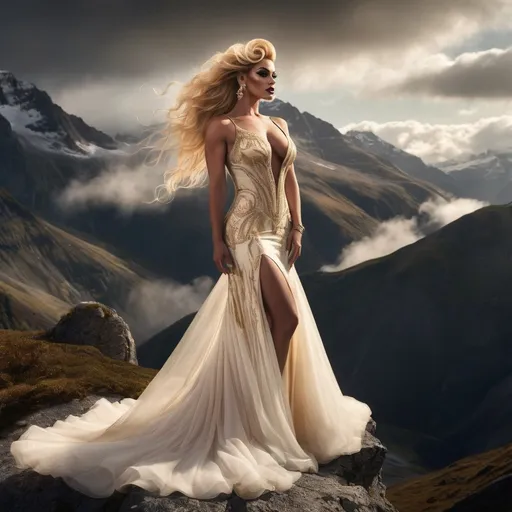 Prompt: (A full body image)A gorgeous muscular 35-year-old French drag queen bodybuilder (big busom, dark eyeshadow, dark lipstick, long flowing golden blonde hair) wearing an ivory wedding gown on the top of an high mountain. surreal  with mist
Dreamy, mythical, fairyland-like, soft and romantic
Splash art, hyper detailed, ultra realistic, highly detailed. Perfect studio lighting, perfect shading, impeccable contrast, HDR, UHD, high res, 64k