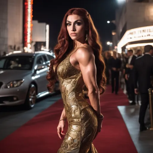 Prompt: A gorgeous ultra-muscular 25 year old Romanian goddess bodybuiler with extremely long wavy dark red hair wearing a very detailed golden Valentino Dress and 8 inch stiletto high heel shoes at a movie premiere at night.