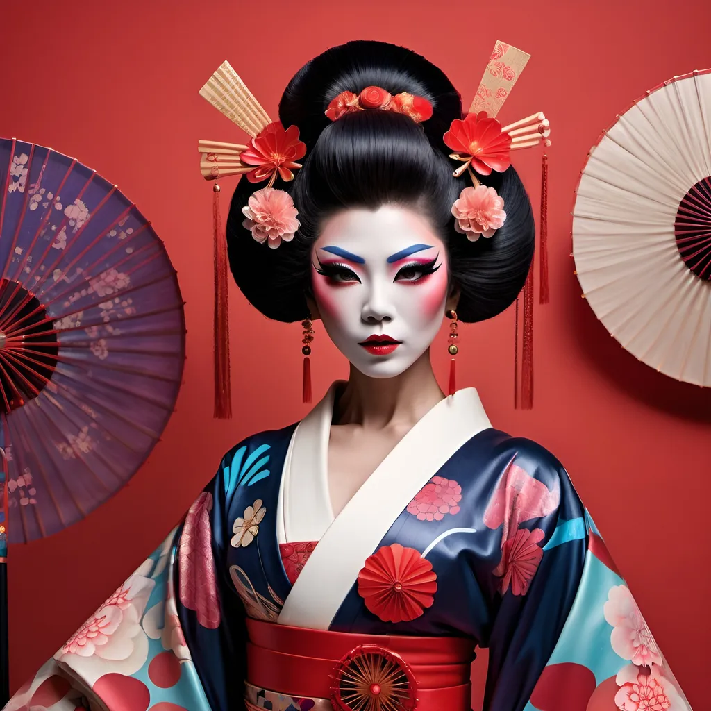 Prompt: Gorgeous muscular 25-year-old Japanese drag queen dressed up as a Avantgarde geisha, (innovative styling), bold colors, intricate patterns, striking makeup, (dramatic hairstyles), seamless blend of tradition and modernity, (elegant pose), atmospheric background with abstract elements, captivating and surreal vibe, (highly detailed), enchanting yet edgy aesthetic, (4K quality), intriguing juxtaposition of vintage and contemporary.