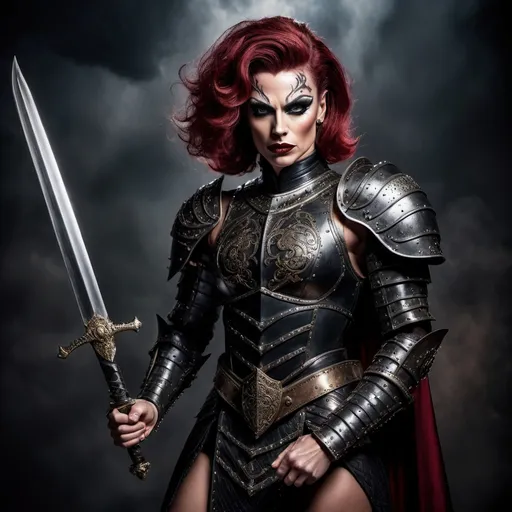 Prompt: A gorgeous muscular 35-year-old British drag queen (medieval knight), (black armor), gripping sword in hand, fierce expression (strong masculine jawline and brow features), dramatic pose, intricate armor details, dark and moody color palette, dark eyeshadow and dark red lipstick, cinematic lighting, highly detailed, stormy background, strong and powerful presence, evokes a sense of bravery and strength, captivating and intense atmosphere, ultra-detailed, 4K resolution, ready for battle. Full body view