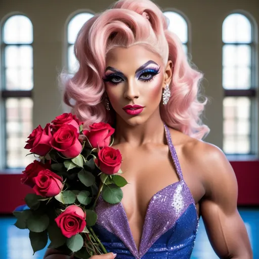 Prompt: Gorgeous muscular 18-year-old British drag queen prom queen (very strong masculine facial features) posing on the (high school) gymnasium stage holding a bouquet of roses. Beautiful and flirty gown, 8 inch stiletto high heel shoes.