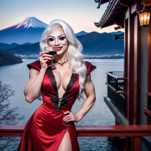 Prompt: Gorgeous muscular 25-year-old Greman drag queen (with strong masculine jawline) in a red gown, white hair, drinking blood wine at the balcony. She smiles in content and pleasure. Gothic style. Full moon. Lake Ashi with clear mount Fuji in the background. Winter time.