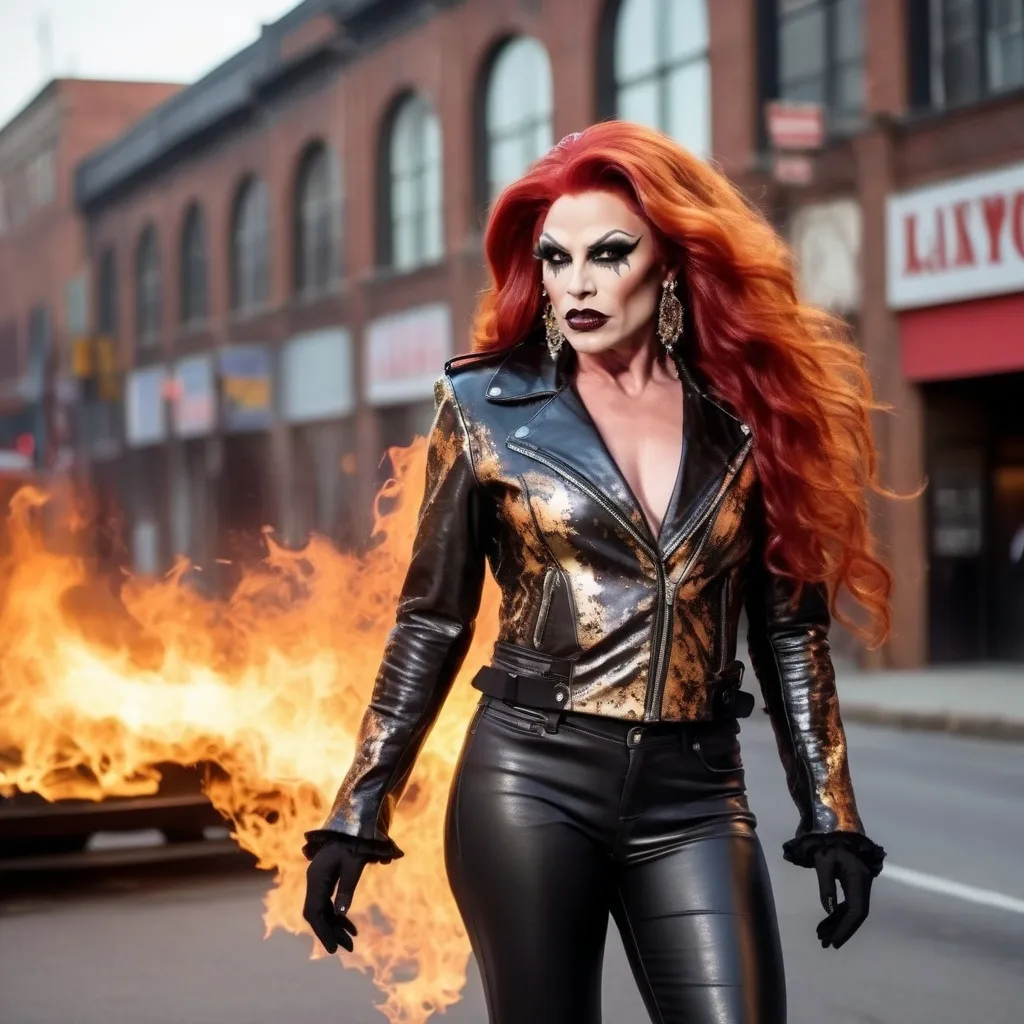 Prompt: Gorgeous muscular demon drag queen, long red wavy hair, leather dark black pants, golden leather jacket, 8 inch stiletto knee-high boots. Walking through fire and brimstone. Detailed gorgeous drag queen face.