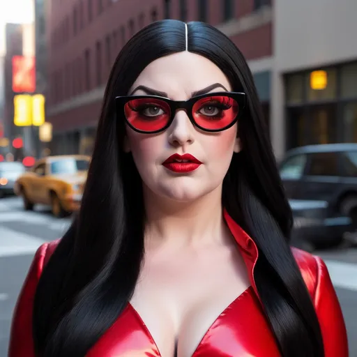 Prompt: (Location New York City) Peter Griffin dressed as an hyper-realistic 25-year-old gorgeous drag queen with very long black shiny hair, dark eye makeup, 
and dark red lipstick, wearing Red framed horn rimmed glasses with bright reflections on the lenses, and red and black layered blouse and skirt. using only black, red, and white.  8 inch stiletto high heel shoes. Walking the streets of NYC in a snow storm.